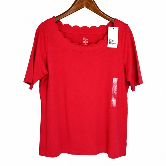 Kim Rogers Tops - Kim Rogers Womens Pink Scalloped Neck Perfectly Soft Elbow Sleeve Tee Size M